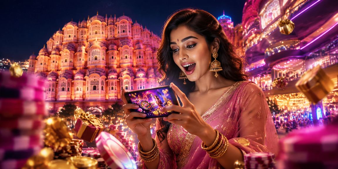 Neon lit mobile gaming casino scene in Jaipur